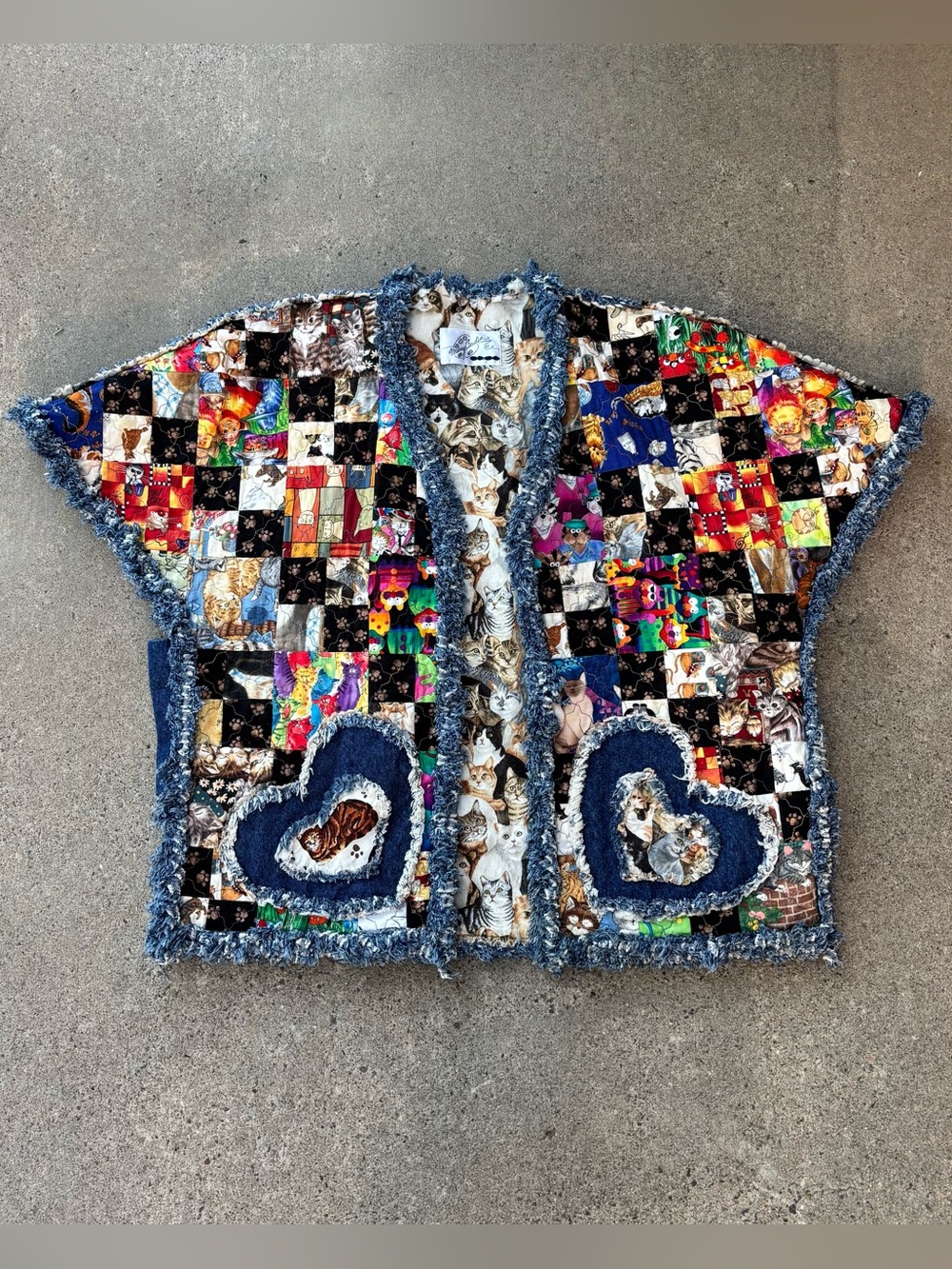 Mary Cardin Quilted Patchwork Cat Homemade Denim Fringe 80s Grandma Cardigian